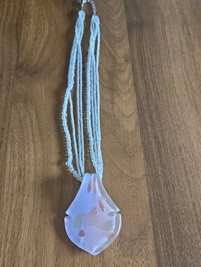Light Pink Art Glass Pendant Necklace With Pearlescent Beads